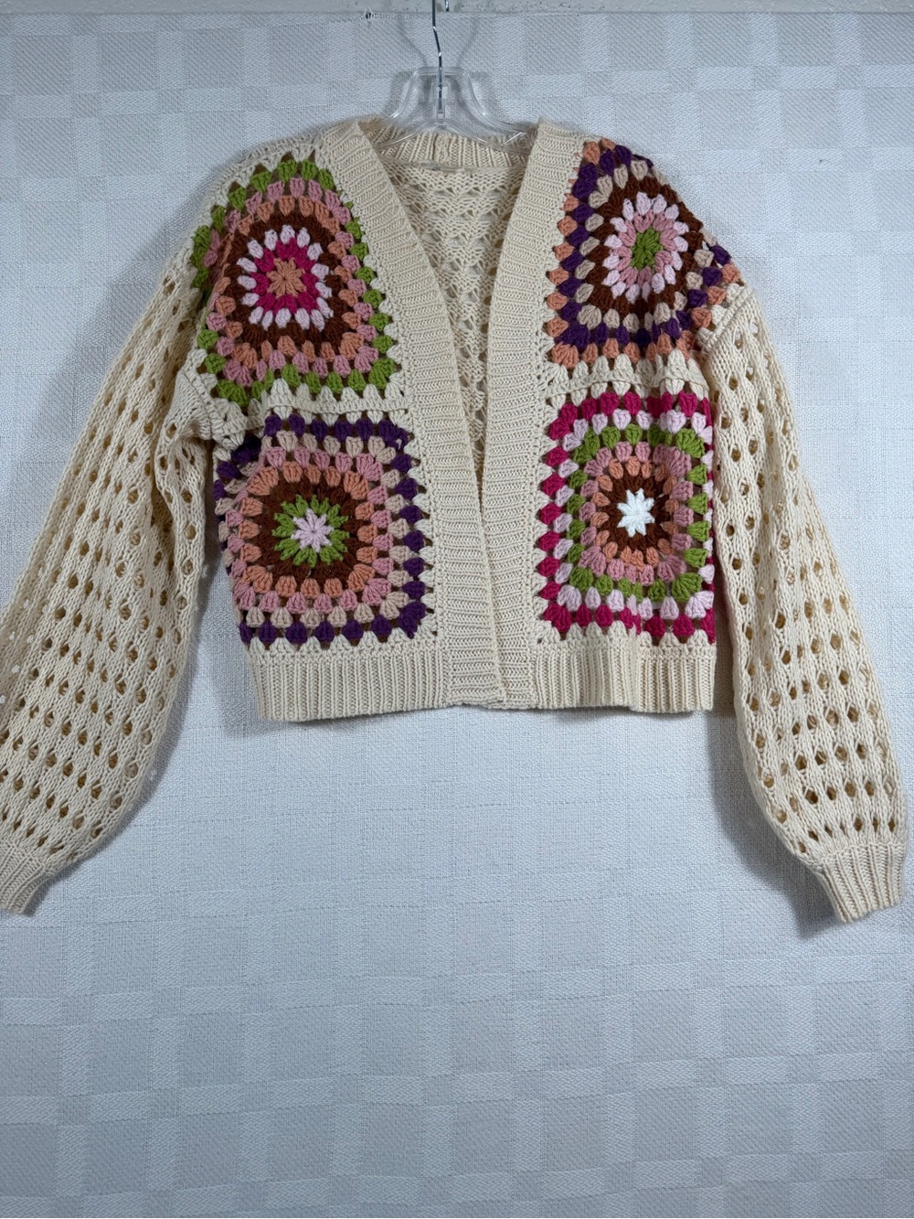 Granny Square Cropped Open Sweater S/M women Boho Grannycore